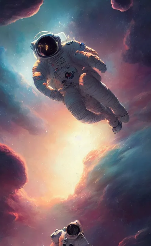 Image similar to a beautiful artwork illustration, astronaut hovering in space galactic nebula, by greg rutkowski and jesper ejsing and raymond swanland, featured on artstation, wide angle, vertical orientation