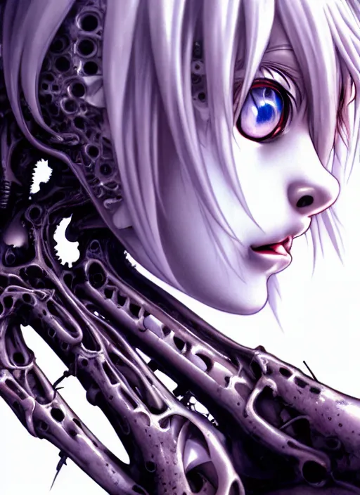 Image similar to Rei Ayanami by Yoshitaka Amano, by HR Giger, biomechanical, profile portrait, 4k, wide ayes, hyper detailed, hyperrealism, anime, a Blood Moon rising on a Broken World 4k very detailed deviantart artstation