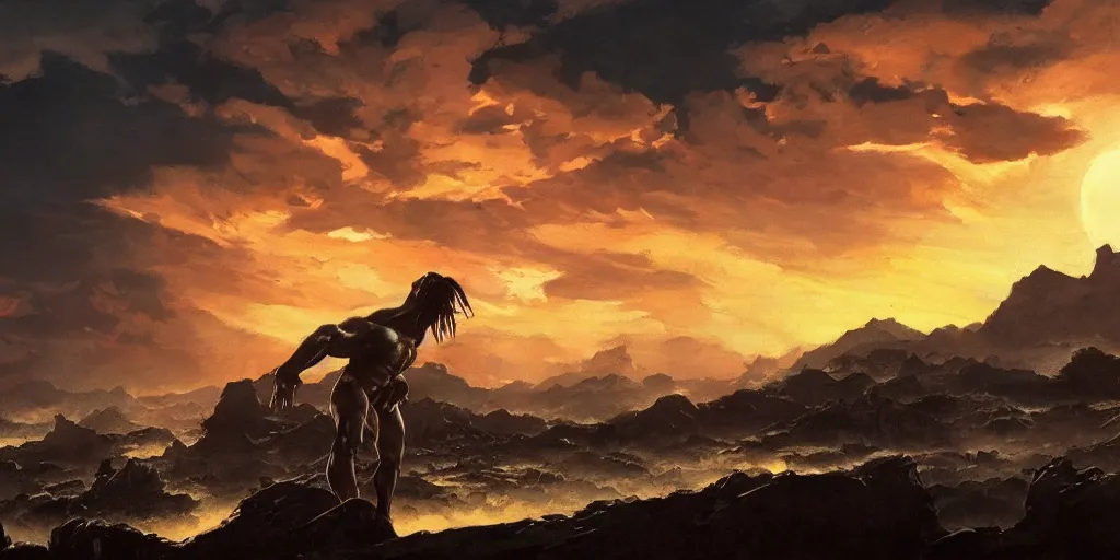 Prompt: dramatic sunset and dramatic sky , lone muscular creature in the middle looks at the sun , painting by frazetta, low angle perspective, postapocalyptic panorama.asthetics !