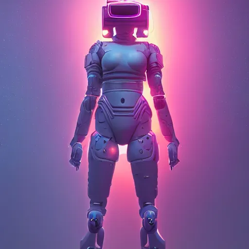 Image similar to cyberpunk concept cool warrior girl bot, cinema 4 d, galaxy, ufo, space sci - fi, wearing vr goggles, illustration, portrait, pastel neon textured background night, trending on artstation, greg rutkowski, octane rendered, 1 2 k, detailed,