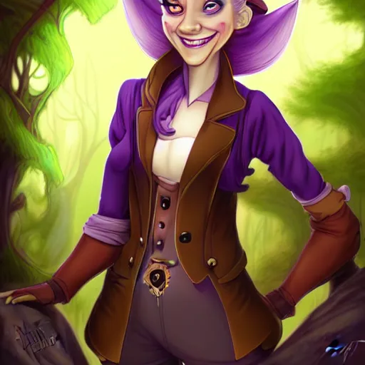 Prompt: don bluth, loish, artgerm, steampunk, clockpunk anthropomorphic fox girl, purple vest, smiling, symmetrical eyes symmetrical face, colorful animation forest background