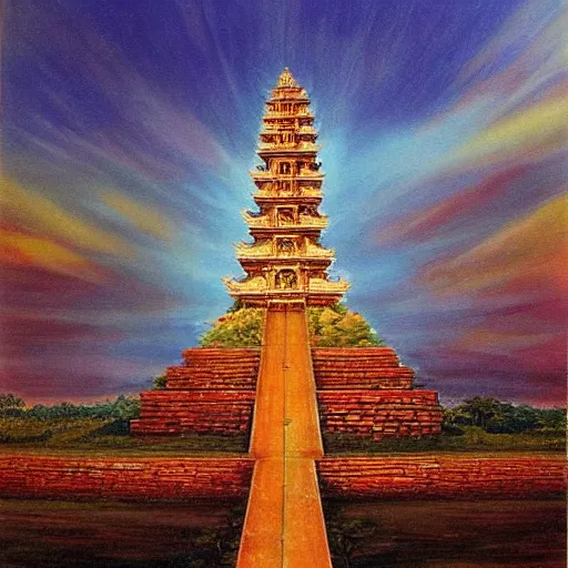 Image similar to a beautiful painting of a monument thathowe, a sacred site, pagoda, lightbeams, royal jewels, majestic medieval art by james gurney, no copyright name, aztec jad