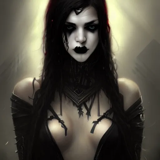 Image similar to goth teen, character portrait, sharp, digital matte painting, art by luis royo, greg rutkowski, wlop, dramatic lighting, trending on artstation