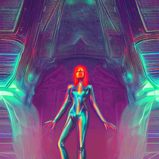 Image similar to long Shot of psychedelic Black widow standing in mysterious chromatic astral temple , stylish, lsd, soft, cinematic, artwork by WLOP