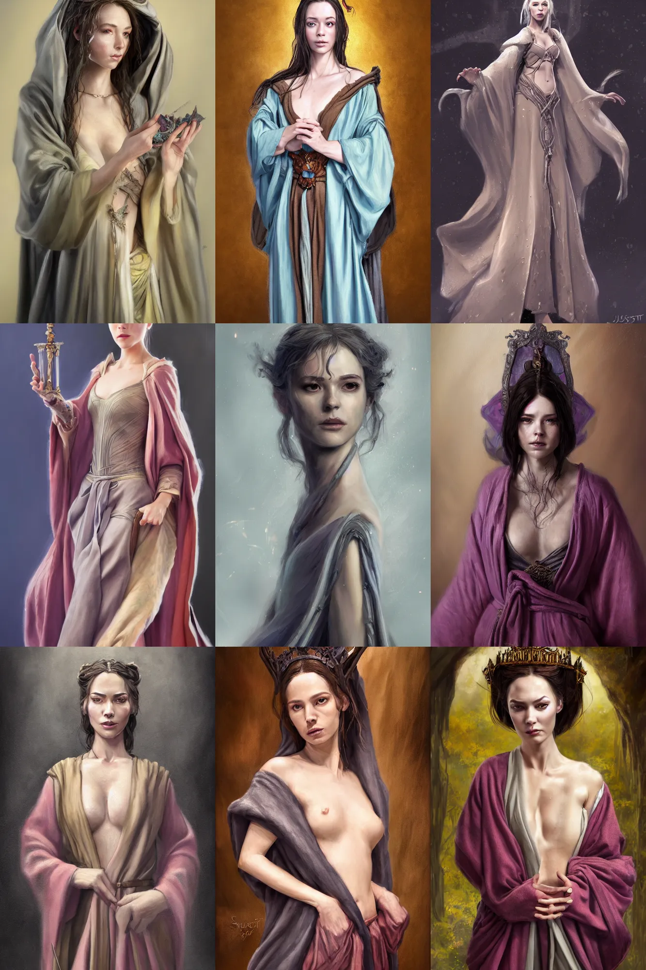 Prompt: a full body high detail fantasy portrait oil painting illustration of a single young elegant haughty sorceress woman in a worn travel robe by Justin Sweet with face and body clearly visible, pupils visible, realistic proportions, d&d, rpg, forgotten realms, artstation trending, high quality, sombre mood, artstation trending, muted colours, no crop, entire person visible!,