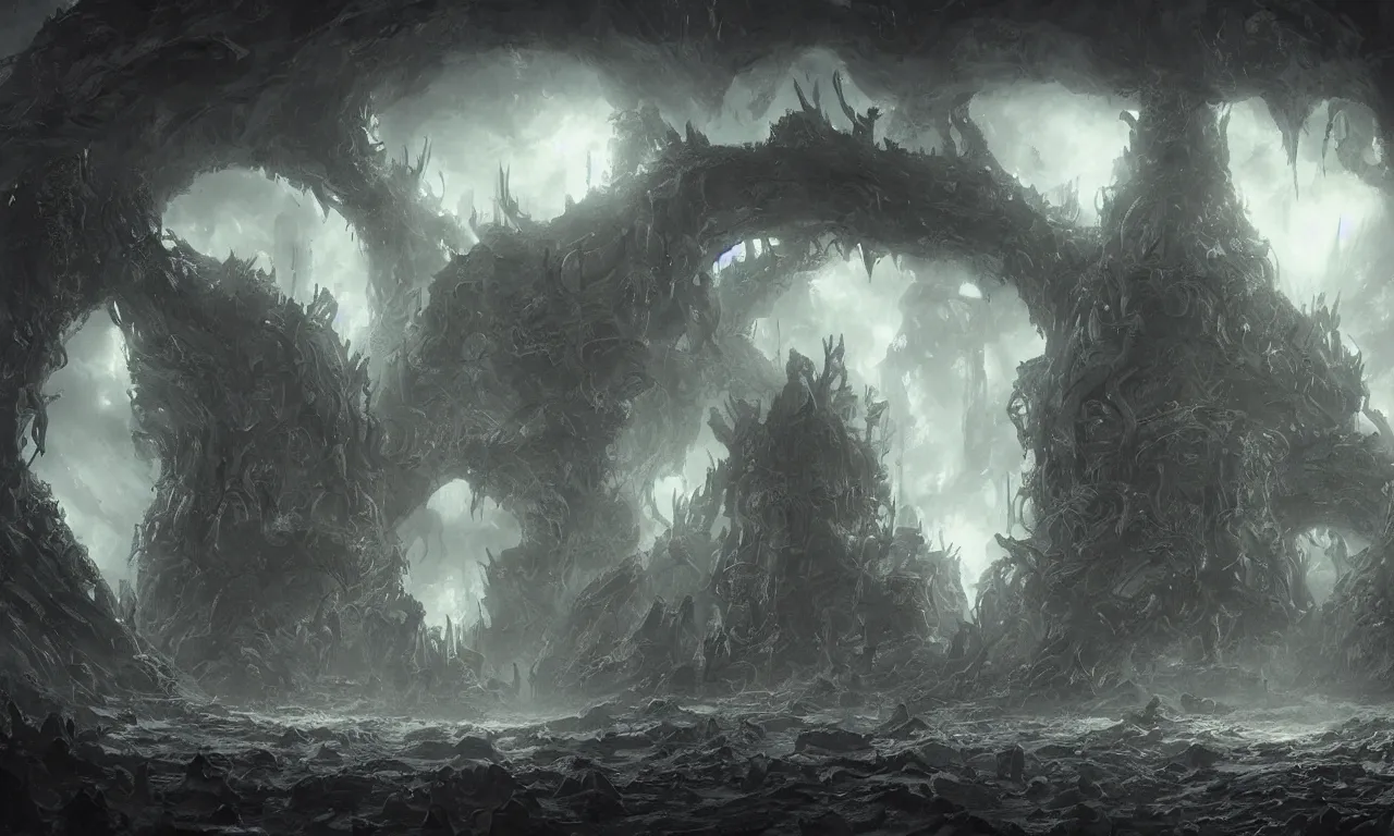 Image similar to a cinematic view of the eldritch subterranean city of r'lyeh. art by xin xiang and james paick, hyperrealism, spooky, dramatic lighting