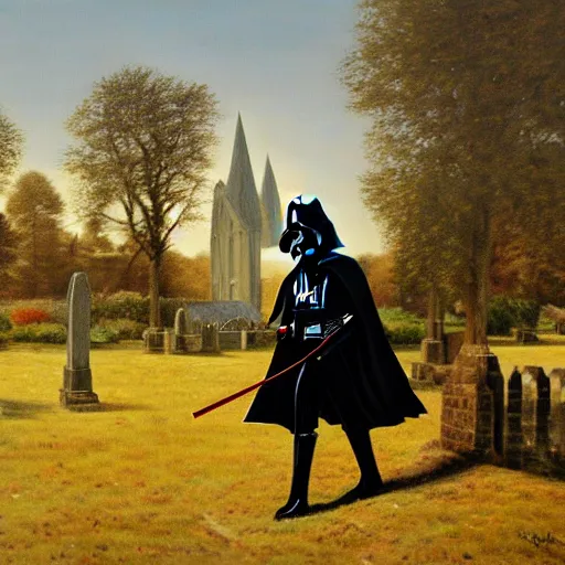 Prompt: a detailed oil painting of darth vader leaving a quaint norman flint church, english, churchyard, trees, golden hour, isometric