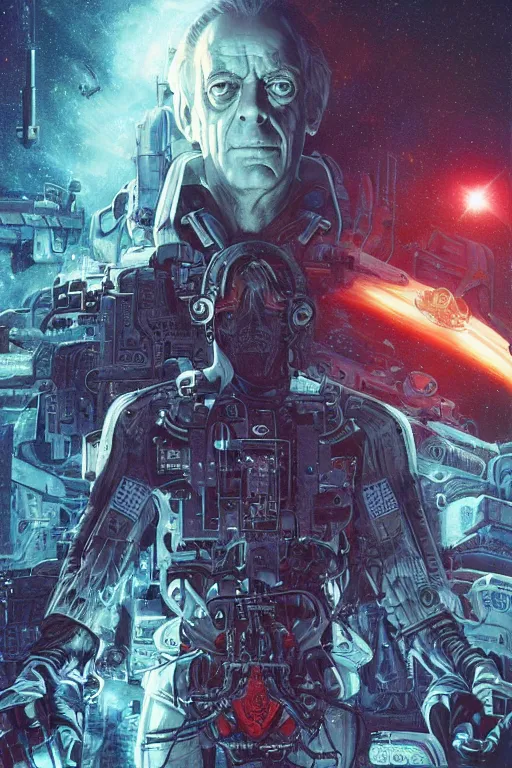 Prompt: Christopher Lloyd is a space pirate, apocalyptic, science fiction, retro cover, high details, intricate details, by vincent di fate, artgerm julie bell beeple, inking, screen print