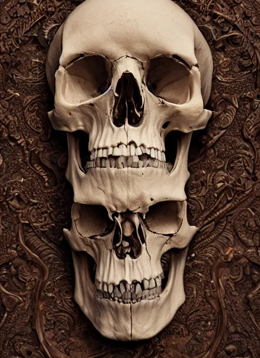 Prompt: hyper realistic photography of intricate renaissance skull ornament made of bone cinematic, symmetric detailed, artstation, cgsociety