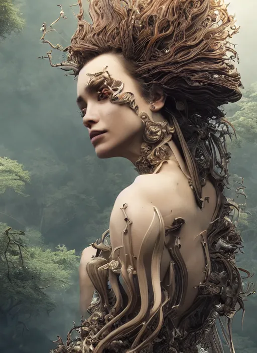 Image similar to beauteous sumptuous biomechanical incredible hair, crystalline masterpiece incrustations, hyperdetailed face, elegant pose, movie still, intricate, octane render, cinematic forest lighting, cgsociety, unreal engine, crepuscular rays, god rays