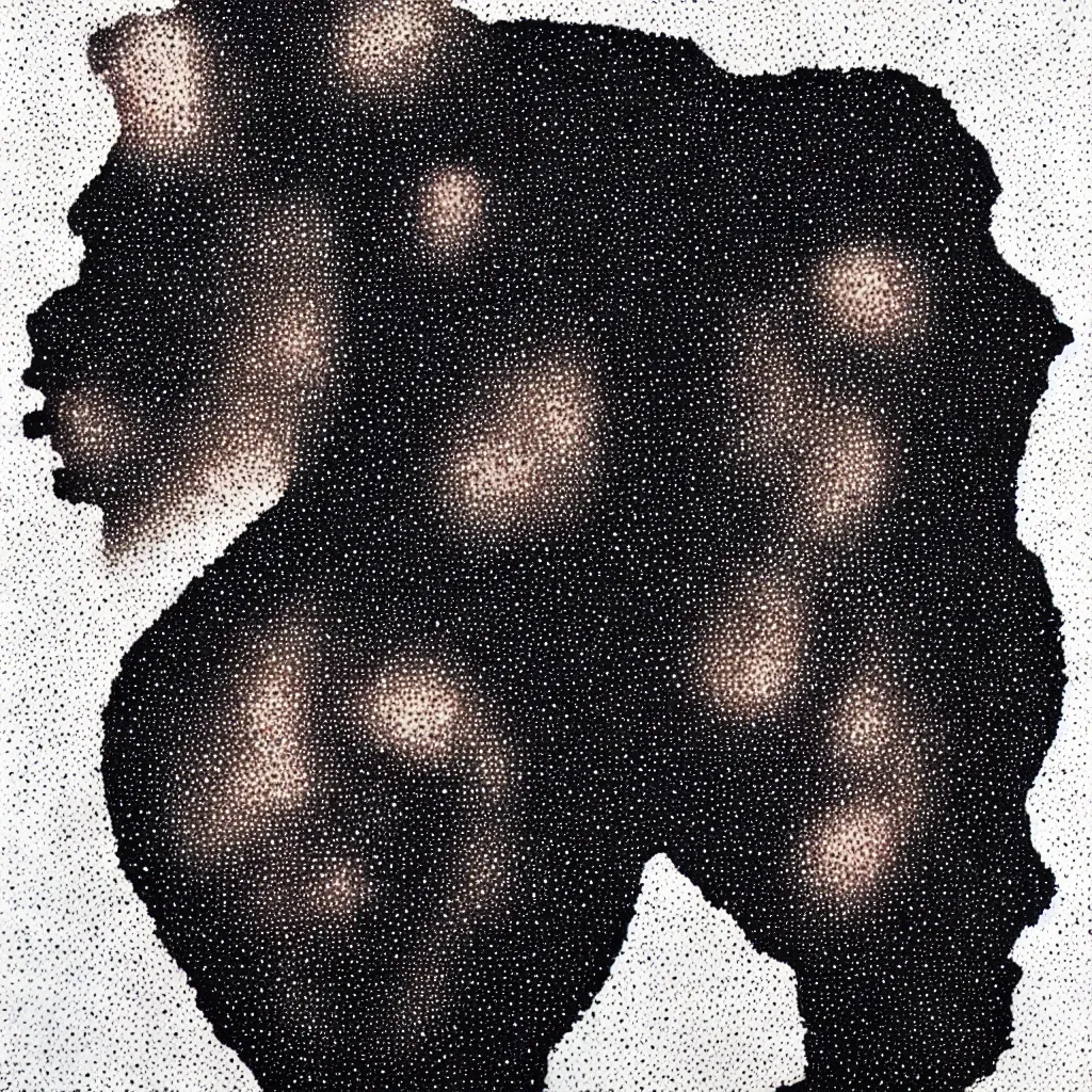 Image similar to face made out of planet, faceless people dark, dots, drip, stipple, pointillism, technical, abstract, minimal, style of francis bacon, asymmetry, pulled apart, cloak, hooded figure