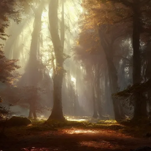 Prompt: A beautiful painting of a magical forest, ray traced sun light, by greg rutkowski and Kalin Popov , Trending on artstation HD.