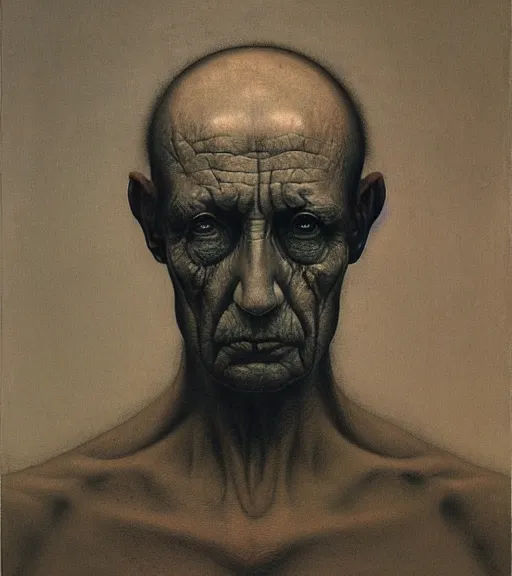 Image similar to portrait of a troubled man by Zdzisław Beksiński