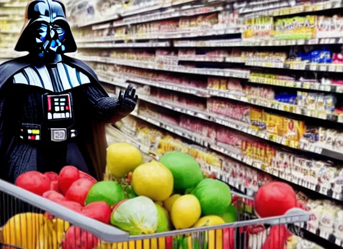 Image similar to film still of Darth Vader goes grocery shopping in the new Star Wars movie, 4k