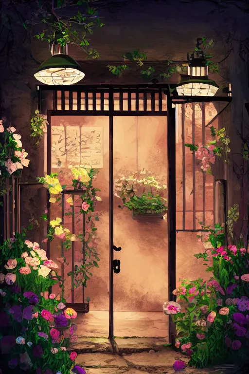 Prompt: a little flower shop's front gate, fresh, digital illustration, pixiv, dramatic lighting