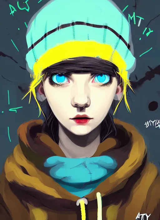 Image similar to highly detailed portrait of a sewer punk lady student, blue eyes, tartan hoody, hat, white hair by atey ghailan, gradient yellow, black, brown and cyan color scheme, grunge aesthetic!!! ( ( graffiti tag wall ) )