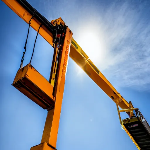 Image similar to digital photography of a crane lifting a container, shot from the ground looking up, close shot, clear sky