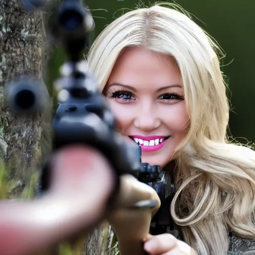 Prompt: closeup very beautiful blonde female sniper looking at l 9 6 a 1 with mischievous smile and happy eyes