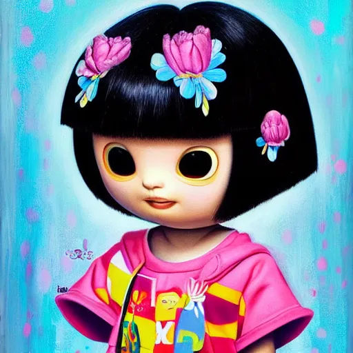 Prompt: portrait of real girl dora the explorer standing sulking,painted by and mark ryden and hikari shimoda, lowbrow pop surrealism