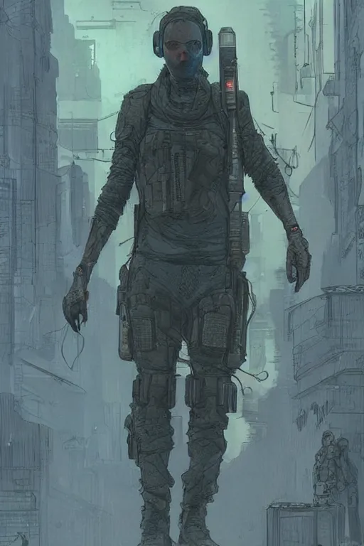 Image similar to zazie the ghost. blackops mercenary in near future tactical gear and cyberpunk headset. Blade Runner 2049. concept art by James Gurney and Mœbius.