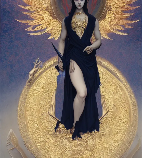 Image similar to god of death, young male, in the underworld, elegant dark blue dress, very detailed, throne, very intricate details, jewelry, gold eyeshadow, elaborate long black hairstyle, wings, cinematic, artstation, william bouguereau, alphonse mucha, greg rutkowski, rossdraws, octane render