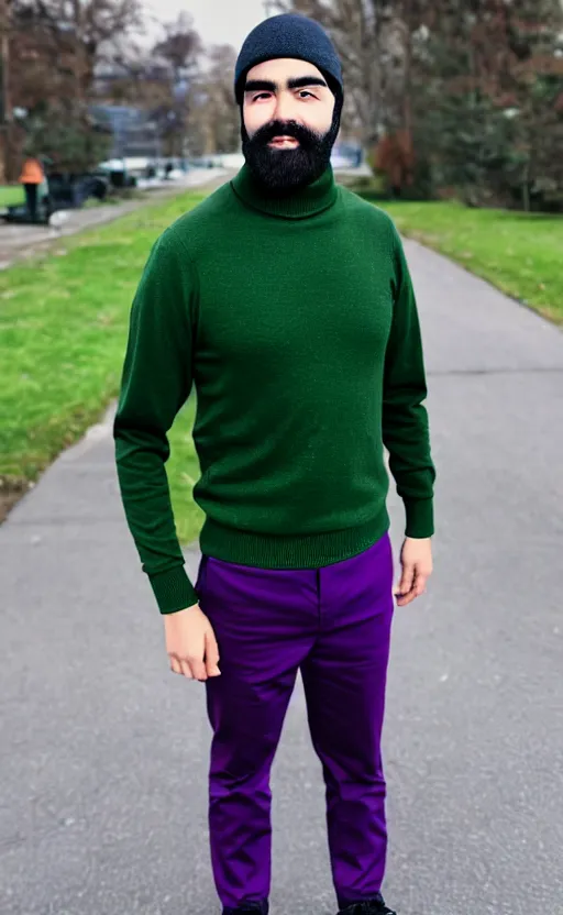 Prompt: a young man with a chin - style dark brown beard without mustache in a dark black cap, green turtleneck, purple pants and white sneakers in full height, perfect face