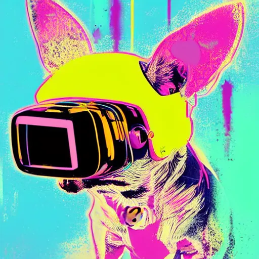 Image similar to illustration of cyberpunk chihuahua in vr helmet, colorful splatters, by andy warhol and by zac retz and by kezie demessance