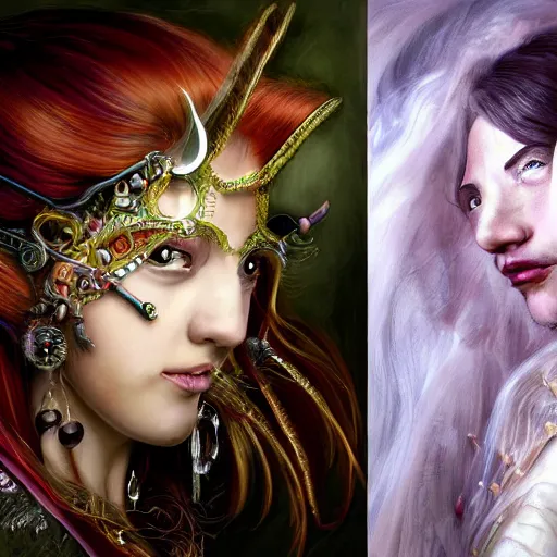 Image similar to portrait, headshot, insanely nice professional hair style, dramatic hair color, digital painting, of a old 17th century, old cyborg merchant, amber jewels, baroque, Chinese Three Kingdoms, ornate clothing, scifi, realistic, hyperdetailed, chiaroscuro, concept art, art by Franz Hals and Jon Foster and Ayami Kojima and Amano and Karol Bak,