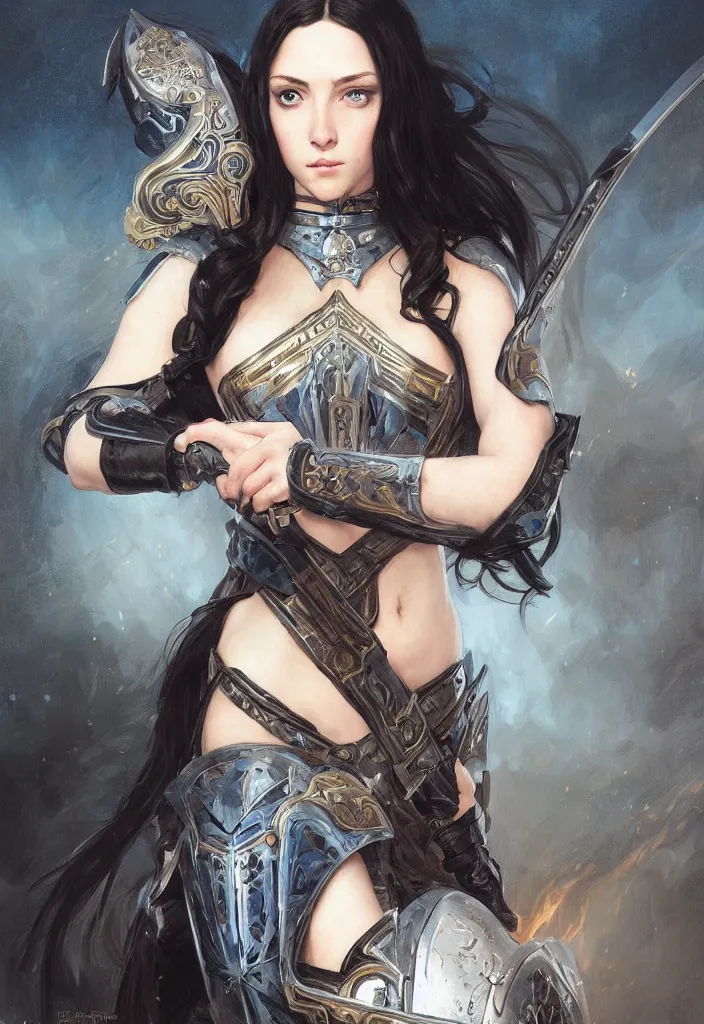 Image similar to portrait of a woman dressed in plate armor with black hair and blue eyes wielding a greatsword, elegant, digital illustration, fire magic, detailed, intricate, sharp focus, digital painting, deep focus, digital painting, artstation, concept art, matte, art by artgerm and greg rutkowski and alphonse mucha