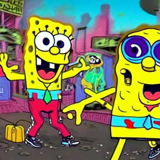 Prompt: SpongeBob and Sandy rapping, wearing cool rap outfits and bandanas, standing on the streets, surrounded by a crowd, unique angle, HDR, 4k, the earth is quaking under their feet from the music, shockwaves are coming out, graffiti in the background, details faces, visible eyes.
