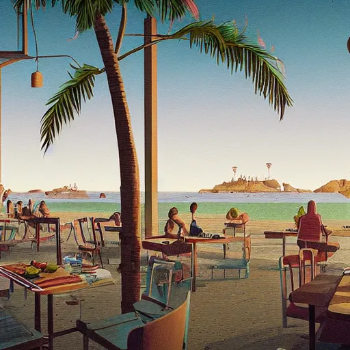 Image similar to inside restaurant at the beach with palm trees by simon stalenhag