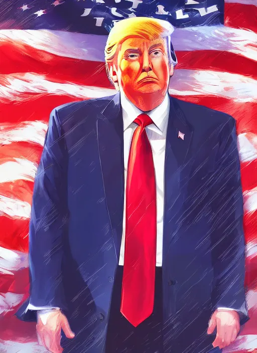 Image similar to donald trump, single centered subject, mid shot, ambient lighting, detailed face, by makoto shinkai, stanley artgerm lau, wlop, rossdraws