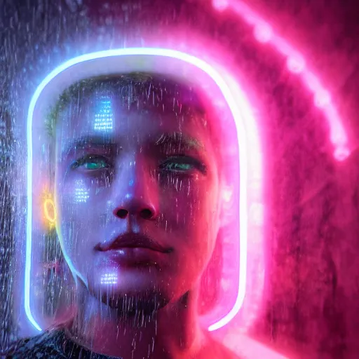 Image similar to human portrait formed out of rain, beautiful, neon, epic detail, galactic background, rendered in octane, unreal engine, realistic