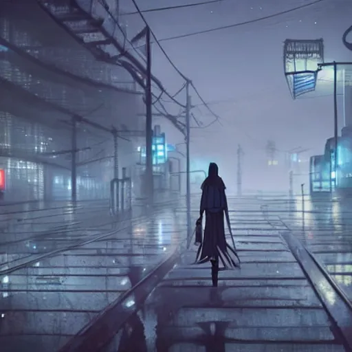 Prompt: raining dark smog dieselpunk dystopia makoto shinkai corrogated steel walkway