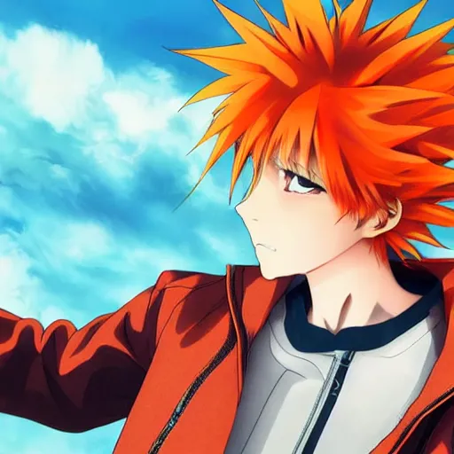 Prompt: orange - haired anime boy, 1 7 - year - old anime boy with wild spiky hair, wearing red jacket, flying through sky, jumping through clouds, late evening, blue hour, cirrus clouds, pearly sky, ultra - realistic, sharp details, subsurface scattering, blue sunshine, intricate details, hd anime, 2 0 1 9 anime