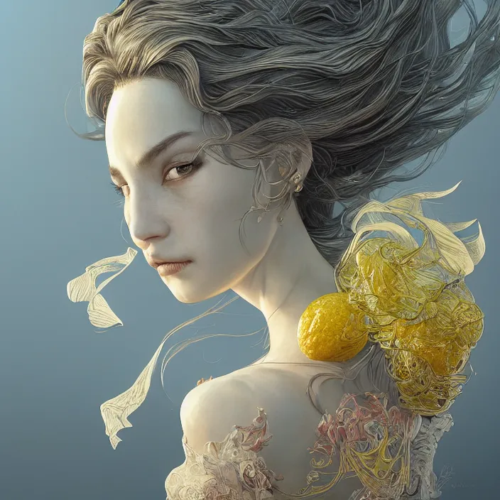 Image similar to the portrait of one sensual lemon personified as an absurdly beautiful, graceful, elegant, sophisticated, young woman made, an ultrafine hyperdetailed illustration by kim jung gi, irakli nadar, intricate linework, bright colors, octopath traveler, final fantasy, unreal engine 5 highly rendered, global illumination, radiant light, detailed and intricate environment