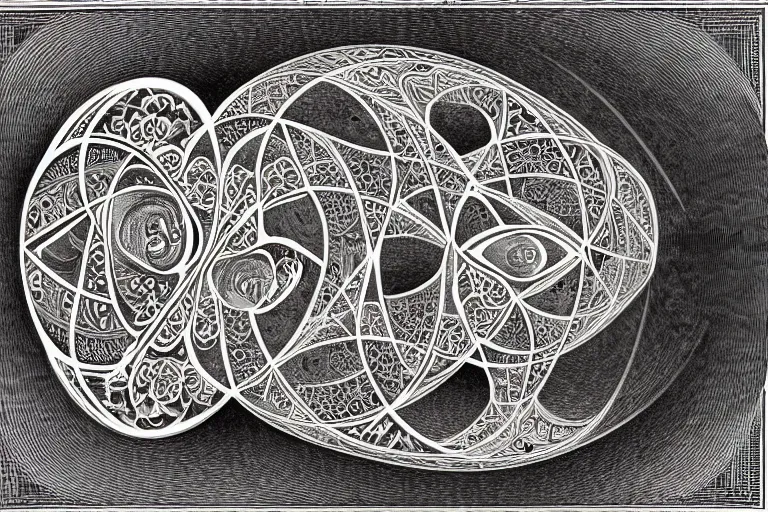 Image similar to an ornate illustration in the styles of mandalas and fractals, the styles of escher and penrose, depicting a weasel staring deep into the heart of the impossible all - and - nothing of the emerging technological singularity ; / what has god wrought? / he seems to be whispering.