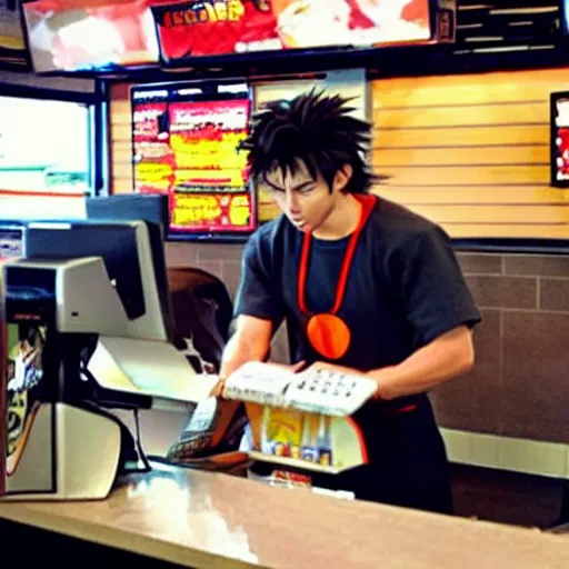 Image similar to a grainy cell phone photo of goku spotted working the cash register at a fast food restaurant.