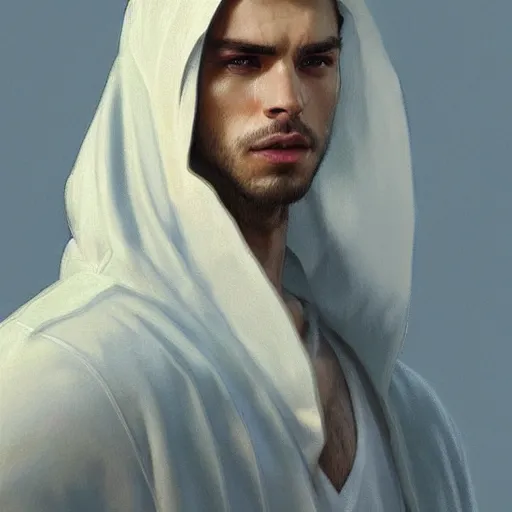 Image similar to ultra realistic illustration, a young man in a white hood, with brown hair, with blue eyes, intricate, elegant, highly detailed, digital painting, artstation, concept art, smooth, sharp focus, illustration, art by artgerm and greg rutkowski and alphonse mucha