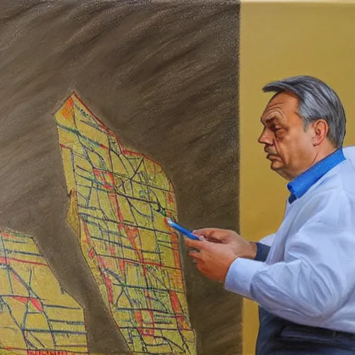 Image similar to viktor orban drawing a map, oil painting