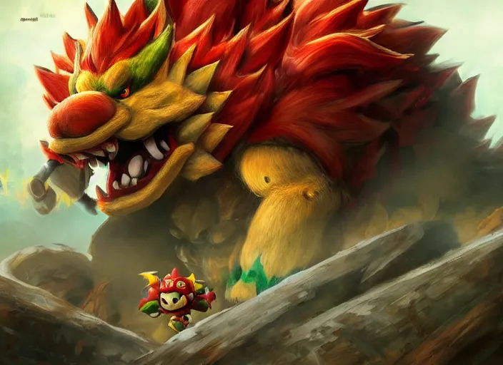 Image similar to detailed concept art of a huge giant bowser by cheng yi and luolin, aartstation, artstationhd, detailed scales, spiky and red hair tuft green scales. bowser, bowser nintendo, koopa, ~ bowser # bowser ( ( mario ) ) bcy. net, realistic. cheng yi, fire breathing. bowser