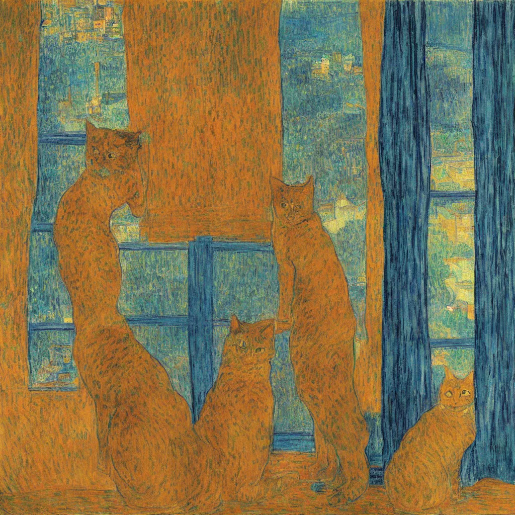 Prompt: woman and golden cat with italian city with gardens seen from a window frame with curtains. dark indigo blue, turquoise, gold, earth brown. sunset. bonnard, henri de toulouse - lautrec, utamaro, matisse, monet