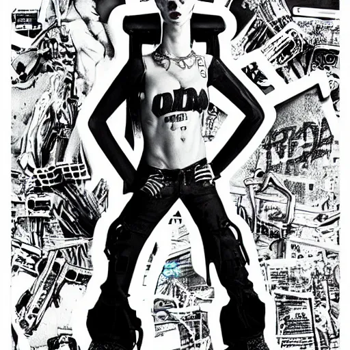 Image similar to die antwoord chappie, back and white, zef design graffiti in the background, dark lighting, digital art