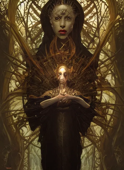 Prompt: album art priest casting divine quest spell, physically accurate, moody dynamic lighting, very very intricate, very very elegant, highly detailed, digital painting, artstation, HR GIGER, Hieronymus Bosch, Francis Bacon, concept art, smooth, very beautiful, sharp focus, illustration, art by artgerm and greg rutkowski and alphonse mucha