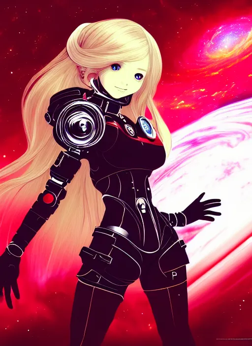 Prompt: highly detailed portrait of a hopeful pretty astronaut lady with a wavy blonde hair, by Joe Madureira, 4k resolution, nier:automata inspired, bravely default inspired, vibrant but dreary but upflifting red, black and white color scheme!!! ((Space nebula background))