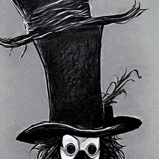 Image similar to horrifying charcoal drawing of the mad-hatter-willie-wonka-babadook