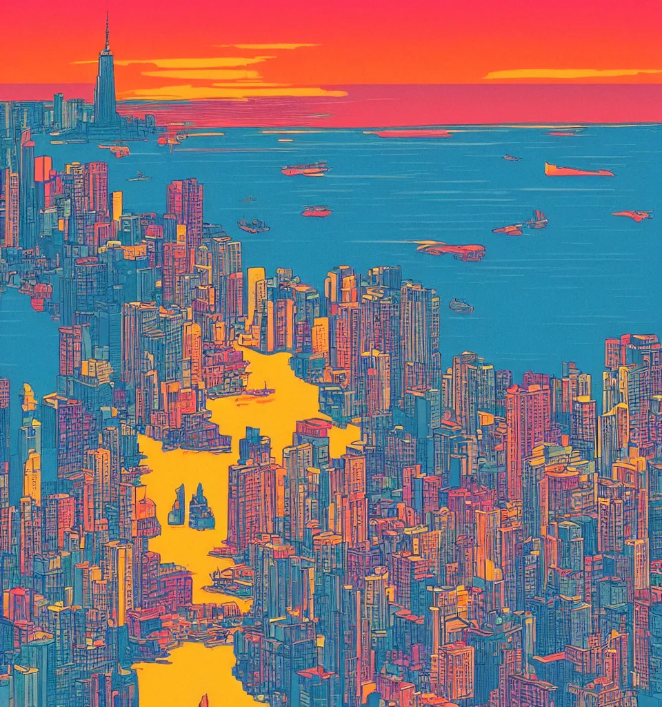 Prompt: gorgeous romantic sunset, cliffside onlooking the beautiful city of new york, warm colors, tropical, in the style of hiroshi nagai, very detailed, tropical, 8 0 s