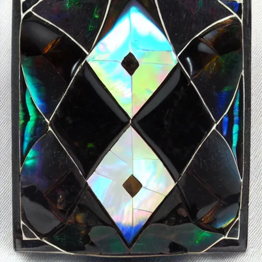 Image similar to black cube with intricate iridescent mother - of - pearl inlay