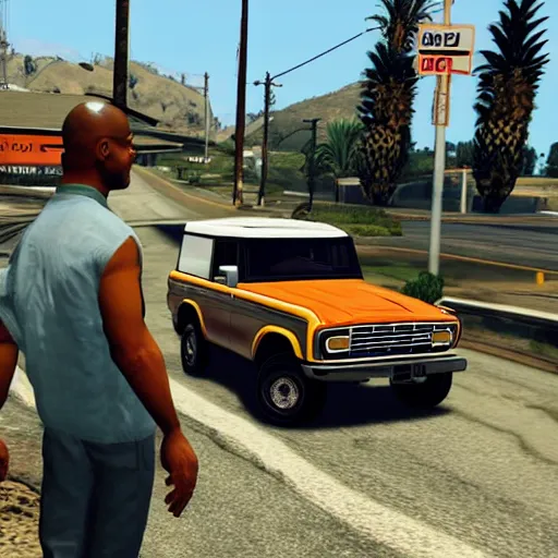 Prompt: OJ Simpson in GTA V driving a white ford bronco