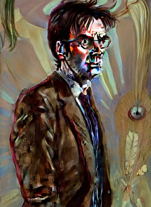 Prompt: oil portrait of the tenth doctor from doctor who wearing a really cool skirt, intricate, elegant, highly detailed, lighting, painting, artstation, smooth, illustration, art by greg rutowski and alphonse mucha